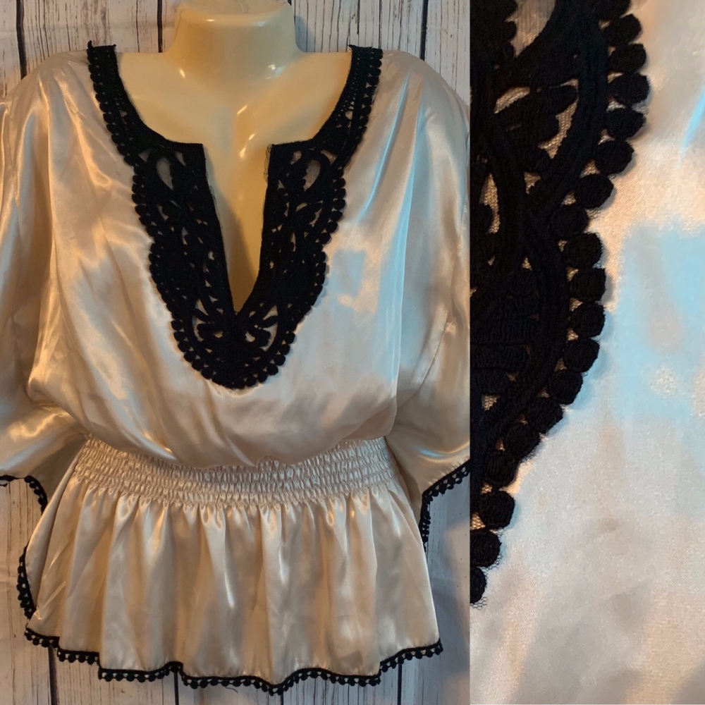 STAR STYLE WOMENS JUNIORS BLOUSE LARGE BEIGE BLACK